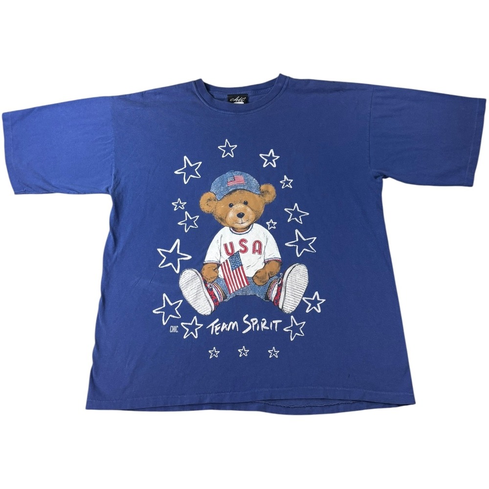 Vintage Chic Team Spirit‎ USA Teddy Bear T-Shirt Blue Stars Graphic Tee XL